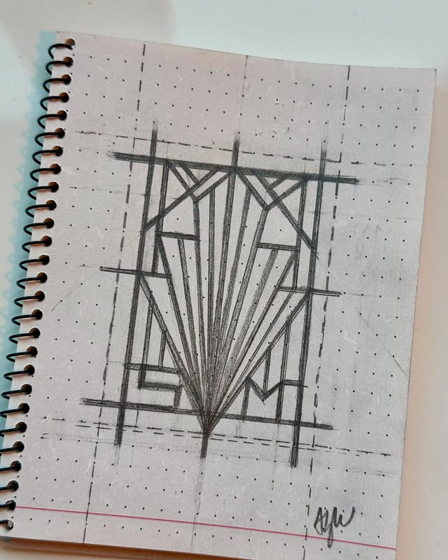 Croquis au crayon d'un motif de claustra d'inspiration Art déco